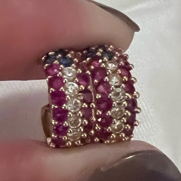 14K Gold huggy earrings Genuine Diamonds, Rubies, and Sapphires. EUC. Worn twice - Picture 2 of 3